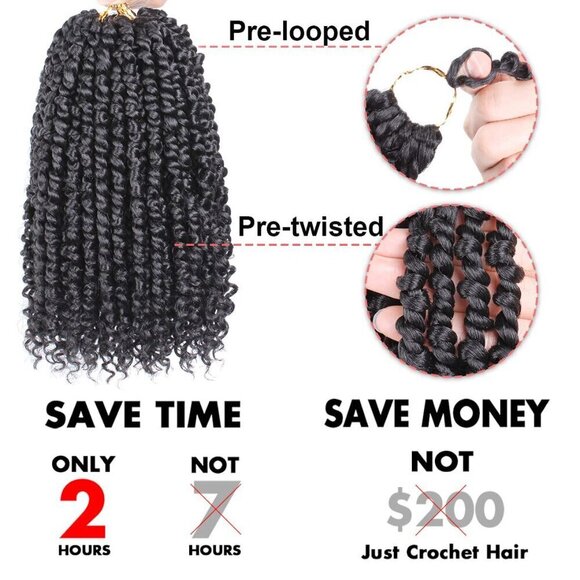 10 Inch 8 Packs Pret wisted Passion Twist Crochet Hair Natural Black Pre-looped - Picture 5 of 7